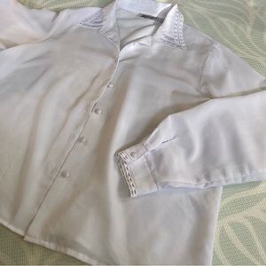 White button down lace cut out collar vintage dress shirt long sleeves